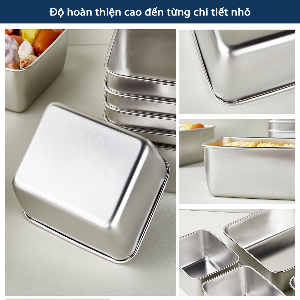 Khay đựng thực phẩm đồ ăn INOX 304 Có nắp đậy, Hộp bảo quản thực phẩm tủ lạnh lò vi sóng