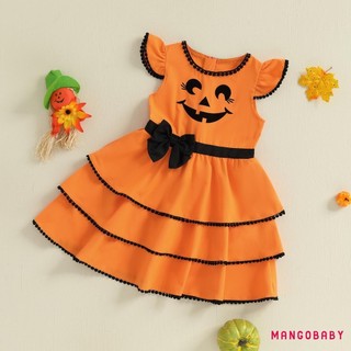 MG-Toddler Girl Halloween Dress Tay Bay Cổ Tròn Bí Ngô In Váy Ngày Lễ Cho Bé