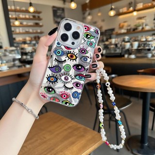 Retro Full Evil Eyes Ngọc Trai Dây Xích Ốp Lưng Tương Thích Cho iPhone 12 11 Pro Max 12 11 Pro XS Max XR X 7 8 Plus SE 2020 Trái Tim Tình Yêu Cô Gái Laser Vỏ Điện Thoại