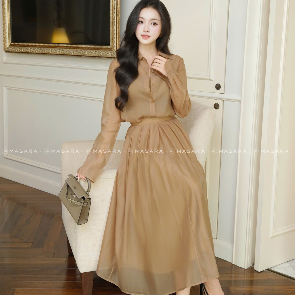 Set váy dài Masara gồm sơ mi và chân váy tằm organza nâu caramel kèm áo lót phong cách thanh lịch MS862
