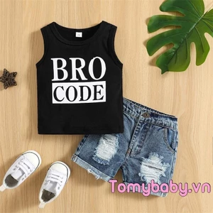 Bộ trang phục mùa hè cho bé trai cổ tròn không tay in chữ + Bộ quần short Denim rách