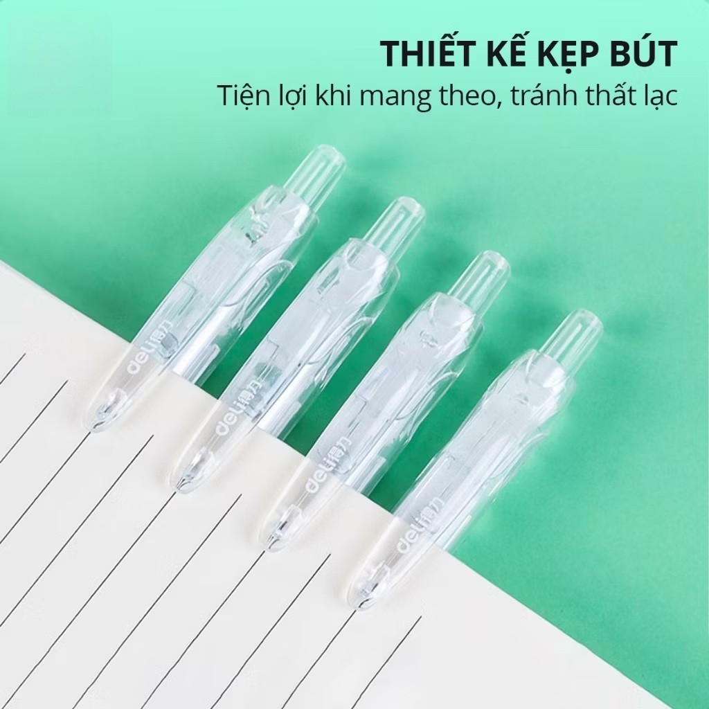 Bút bi gel, Bút bi bấm mực màu đen Deli A507B vỏ trong suốt ngòi 0.5mm