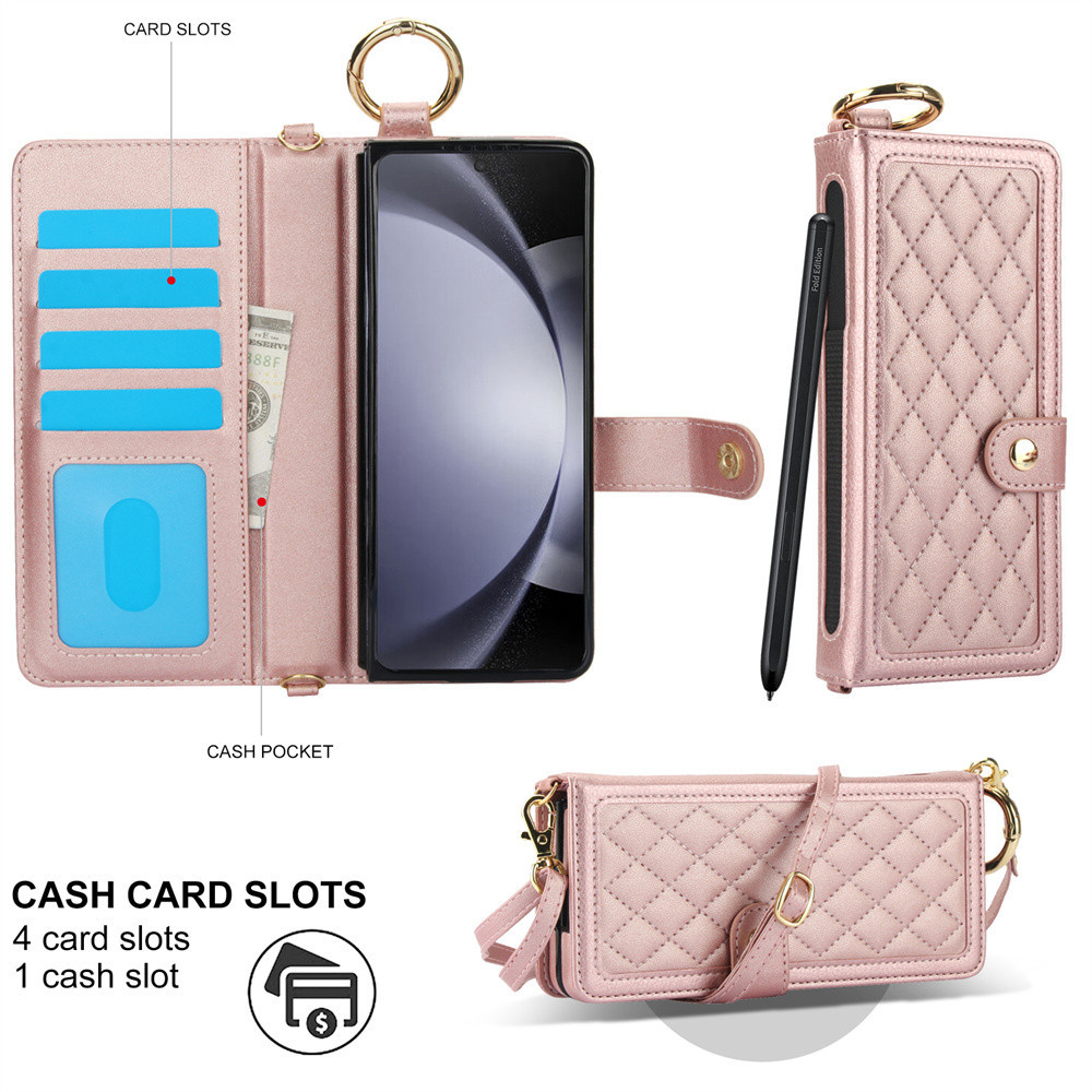 Khe cắm thẻ chặn RFID Vỏ da có hộp đựng bút cho Samsung Galaxy Z Fold 6 5 4 3 5G Vỏ điện thoại ví đeo chéo (Không có bút)