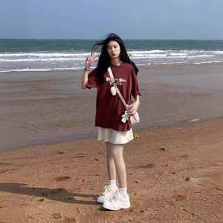 Áo thun 3158 cotton ngắn tay in chữ màu đỏ tía dành cho nữ