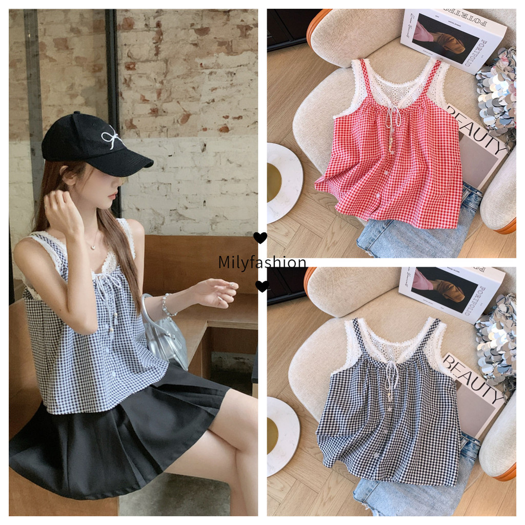 Milyfashion Nhỏ Tất Cả Trận Đấu Sang Trọng Ren Khâu Phối Ren Kẻ Sọc Không Tay Áo Nữ Mùa Hè Phong Cách Mới Rời Top