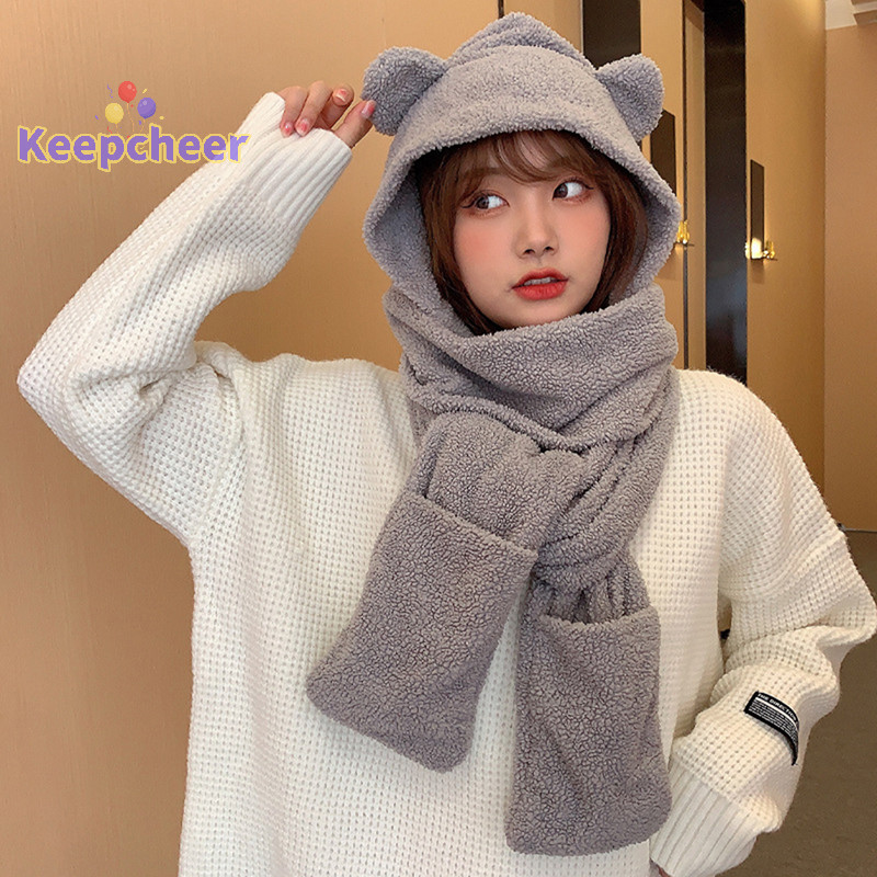 [Keepcheer] 1 Khăn quàng cổ hình gấu dễ thương Găng tay bảo vệ ấm áp mùa đông 3 trong 1 Khăn quàng cổ nữ chống gió sang trọng [Mới]