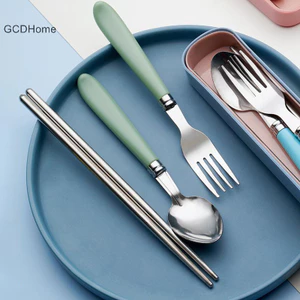 Gcdhome 410 Bộ đồ ăn bằng thép không gỉ Thìa nĩa di động Nhân viên văn phòng Ba mảnh Hộp lưu trữ dễ thương Bộ dao kéo HOT