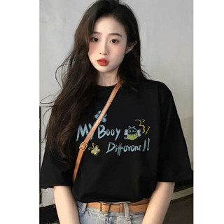 Áo thun tay ngắn in hình nữ, unisex, dáng rộng cổ tròn, phong cách OOTD