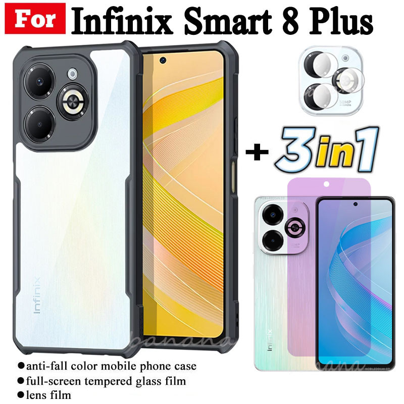 Ốp điện thoại chống sốc 3 trong 1 Infinix Smart 8 Plus cho Infinix Smart8 Pro 8 HD X6225 Kính cường lực và ống kính chống tia xanh