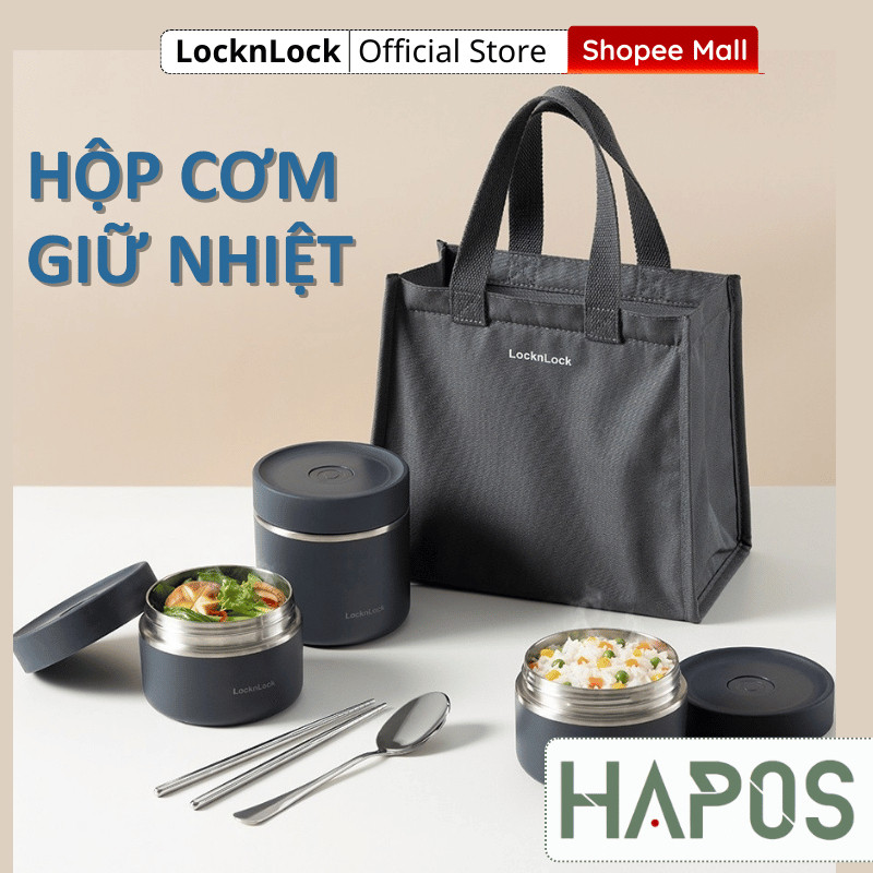 Túi hộp cơm giữ nhiệt LocknLock 3 ngăn 1.1L, Chính hãng, Kèm đũa muỗng ...