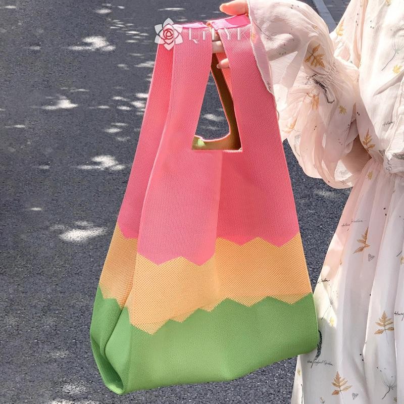 Qrhyk Thời Trang Handmade Đan Túi Xách Nữ Nút Cổ Tay Hàn Quốc Túi Tote Thường Có Thể Tái Sử Dụng Túi Mua Sắm Mới