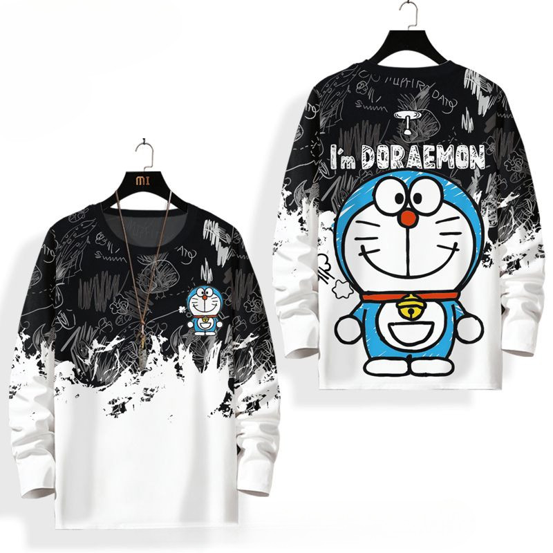 Áo Thun Dài Tay ngoại cỡ áo nam mặc thường ngày Doraemon dáng rộng cổ tròn