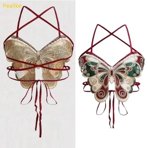 Pealike Nữ Strappy Bra Crop Top Bướm Thêu Crisscross Backless Camisole