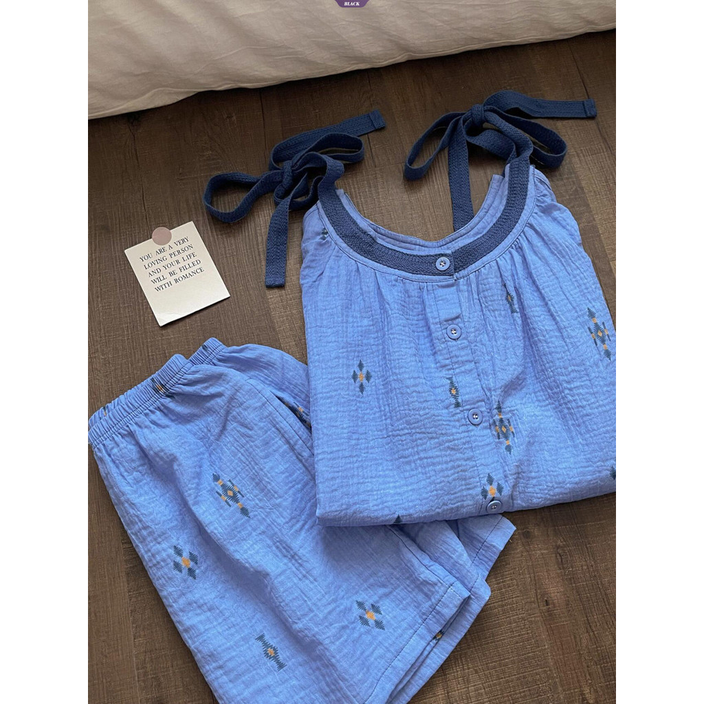 Bộ đồ ngủ in hình màu xanh cho nữ mùa hè Quần short yếm không tay thông thường Bộ đồ mặc nhà [BL]