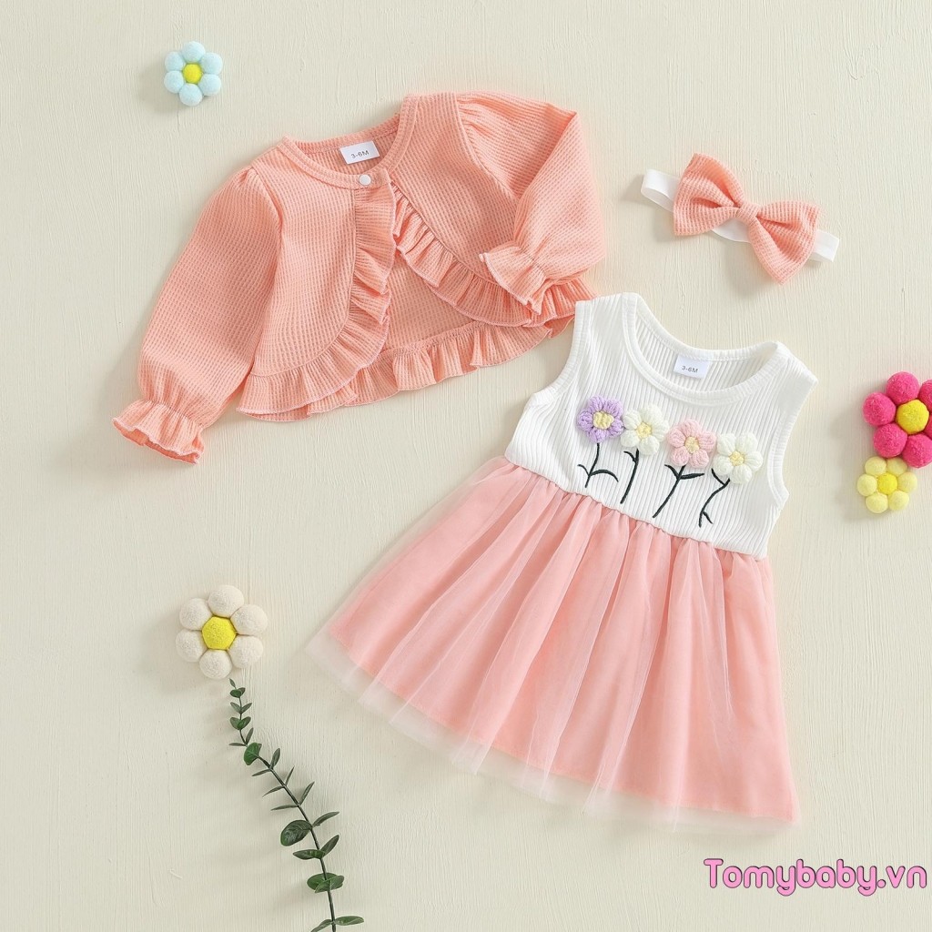 Váy trượt vải tuyn hoa cho bé gái có áo khoác dài tay + Bộ quần áo băng đô