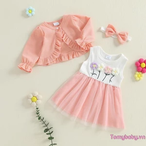 Váy trượt vải tuyn hoa cho bé gái có áo khoác dài tay + Bộ quần áo băng đô