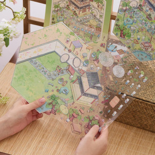 ENWEI 3 Cái [Dòng Cổ] Phong Cách Cổ Đại Lều Xếp Chồng 3D Lều Phong Cảnh Miếng Dán Xếp Hình Miếng Dán PET Miếng Dán Giấy Thêu Sò Chất Liệu Bộ Sổ Lưu Niệm