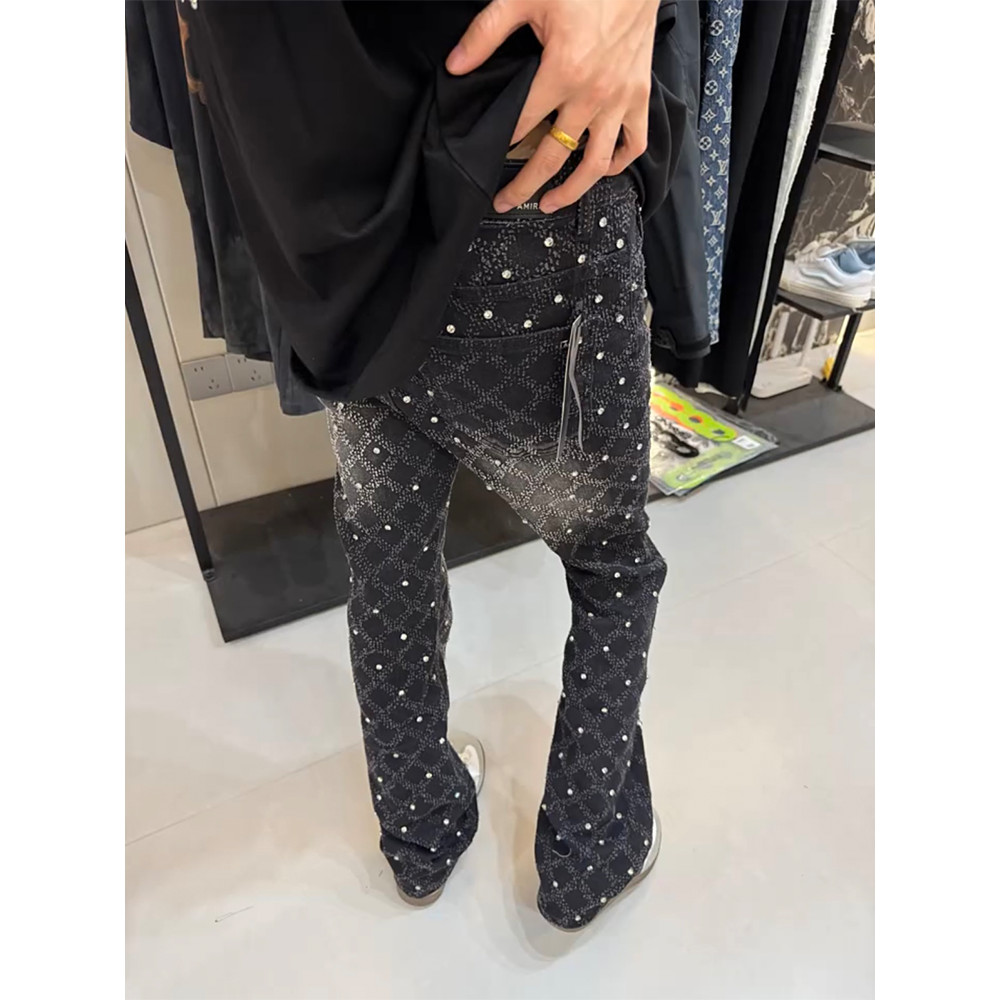 Quần jean nam bootcut cá tính kim cương đinh rách, quần thường ngày