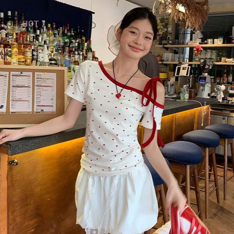 JULYHOT Mùa Hè Ngọt Ngào Retro In Hình Trái Tim Ngoài Vai Phối Ren Tay Ngắn Slim Áo Thun Nữ Massivedeals