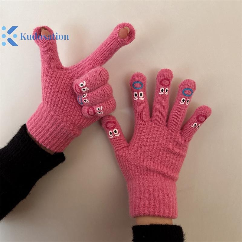 Kudosation 1 Nữ Ngộ nghĩnh Biểu Hiện Mặt Găng Tay Dệt Kim Full Ngón Tay Găng Tay Móc Mềm Găng Tay Hoạt Hình Biểu Hiện Lái Xe Găng Tay