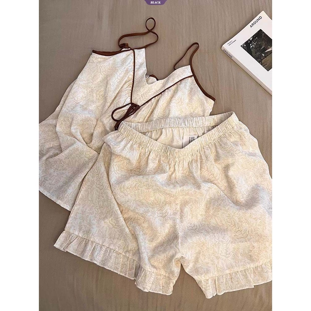 Bộ đồ ngủ yếm họa tiết cổ điển và quầnshort mùa hè cao cấp, phong cách INS