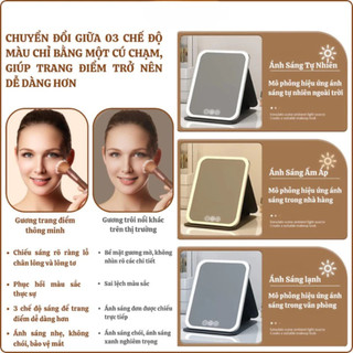 Gương Trang Điểm Đèn LED Cảm Ứng 3 Chế Độ, Gương Makeup Gấp Gọn Chỉnh Ánh Sáng Có Sạc USB Tiện Lợi