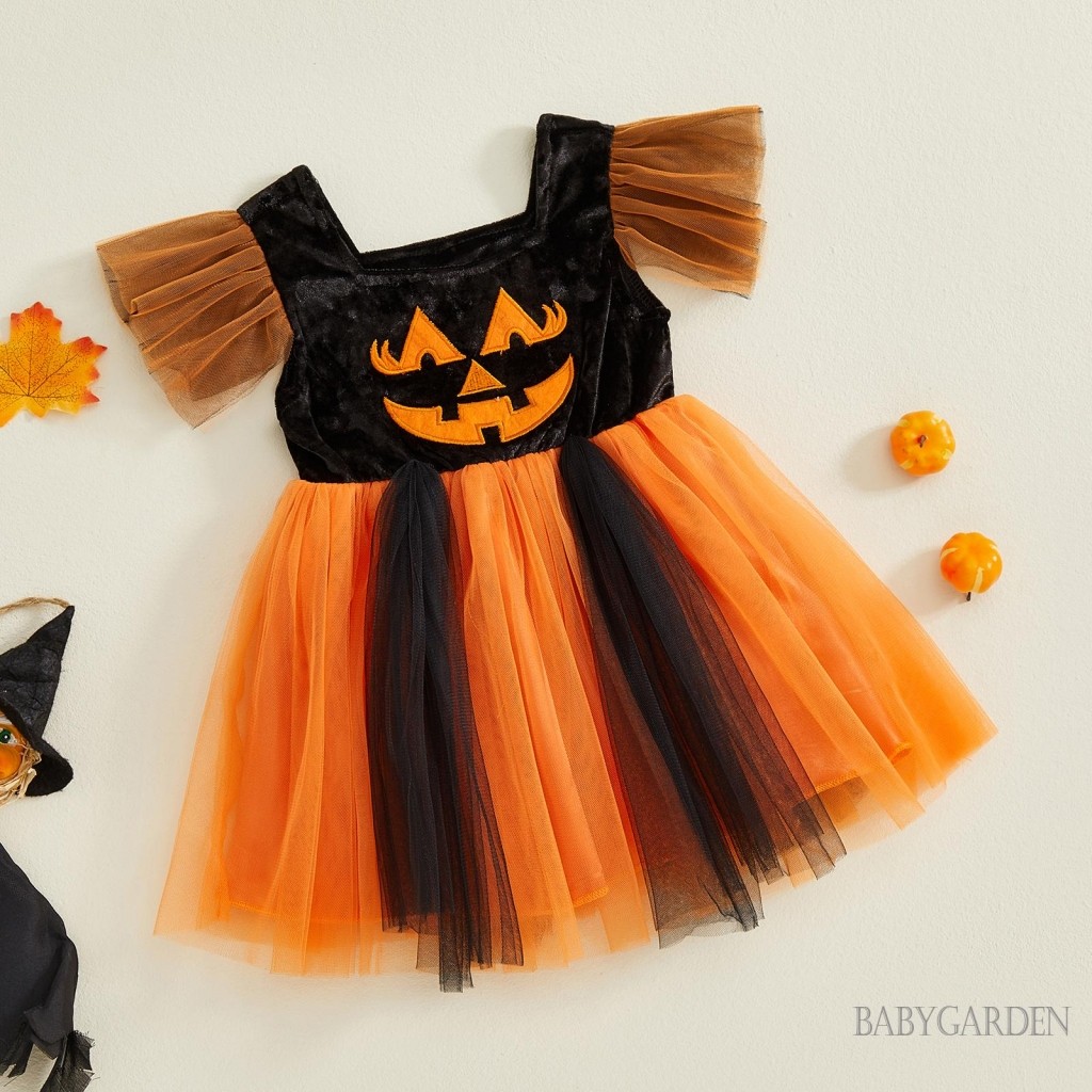 / / -6M-4Y Bé Gái Váy tuyn Thời Trang Halloween Bí Ngô Thêu Áo Bay Tay