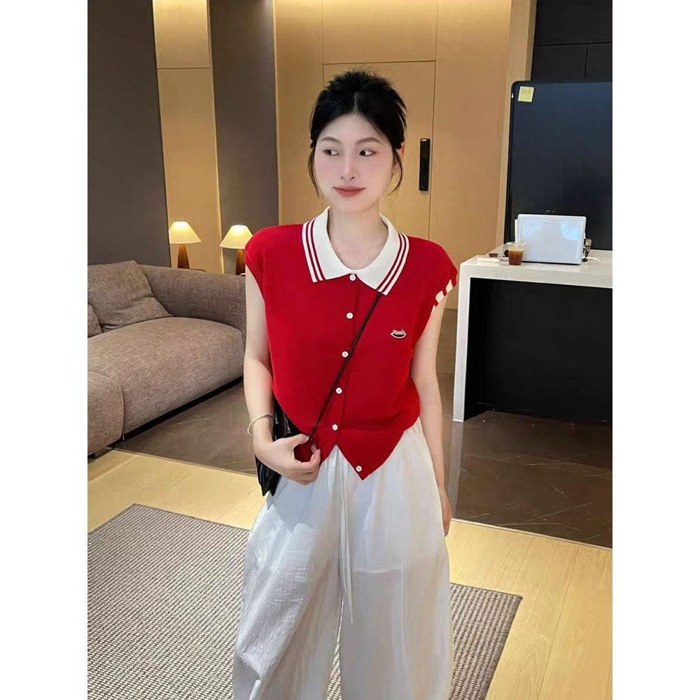 Áo sơ mi polo ice silk và cardigan ngắn tay nữ, phong cách Hàn Quốc mới lạ với màu sắc tương phản, thích hợp mùa hè