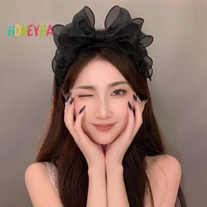 < Honeyba > Thời Trang Hàn Quốc Retro Lưới Đen Nơ Lớn Phụ Kiện Tóc Nữ Nguyên Bản Xù Cạnh Nhà Tạo Kiểu Phụ Kiện Tóc Vòng