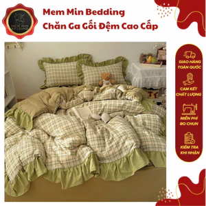 Bộ Chăn Ga Gối Chất Liệu Mềm Mại Thoáng Khí Họa Tiết Caro Kết Hợp Bèo Nhún Dễ Thương - Memminbedding Luxury