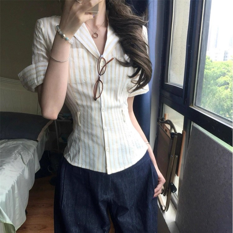 SUXI Áo sơ mi ngắn tay sọc nữ phong cách Hàn Quốc mới mùa hè 250731
