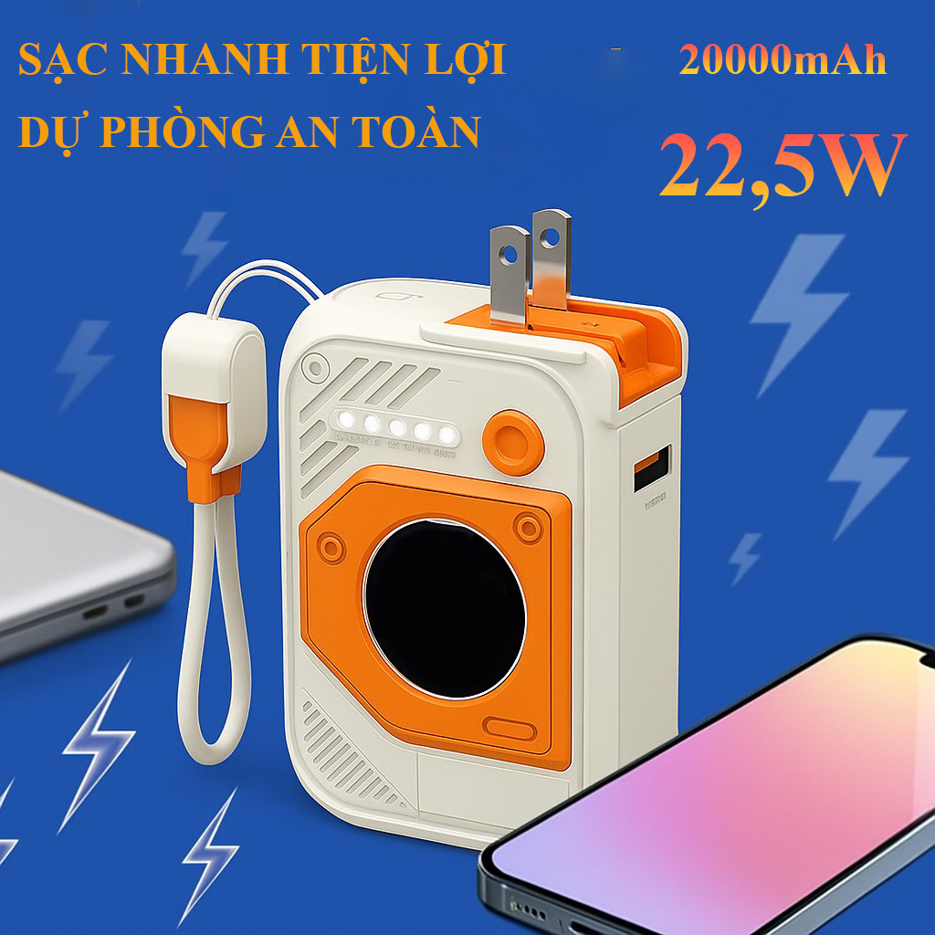 Bộ sạc nhanh combo dây sạc 20000mah tích hợp dây sạc đa năng hỗ trợ sạc nhanh 22.5W PD nhỏ gọn tiện lợi
