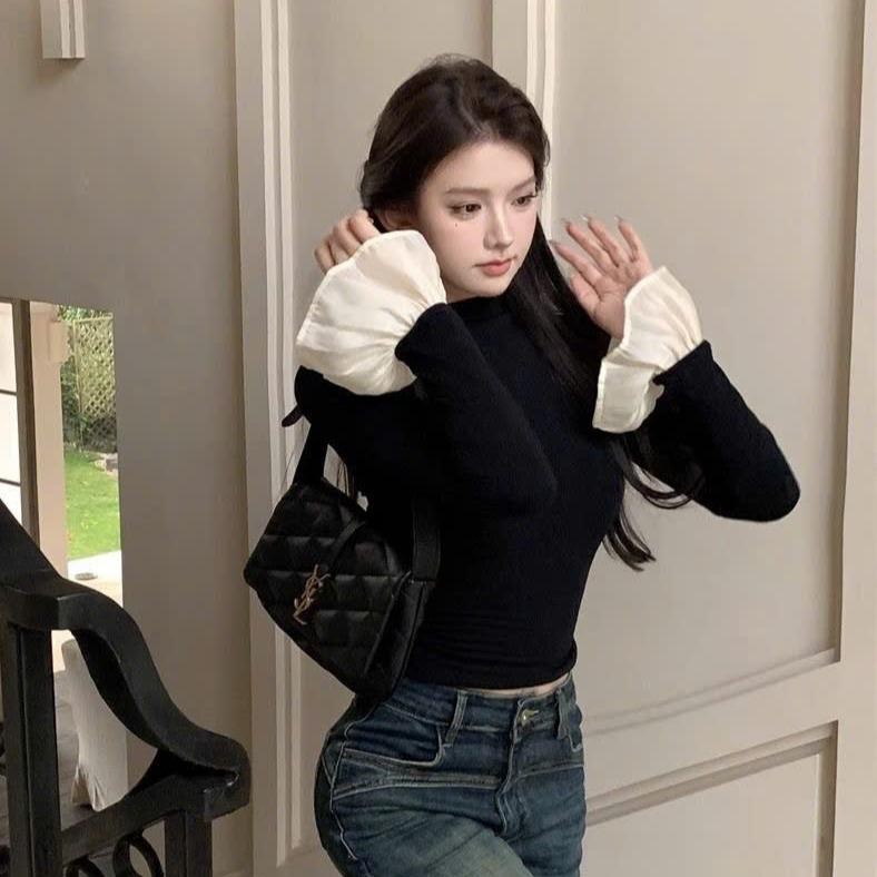 Áo thu đông nữ giữ nhiệt dài tay thiết kế ôm body hack dáng phối cổ cao tay ren kiểu điệu dành cho nữ XIMIMI SP358