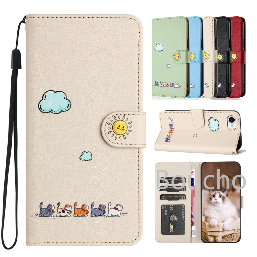 Dành Cho iPhone 16e 16 15 14 Plus 13 12 11 Pro Max Ví Da Mèo Dễ Thương Bảo Vệ Ốp Lưng Điện Thoại Có Khe Cắm Thẻ Giá Đỡ