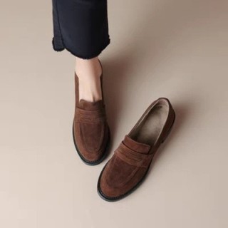 Loafers Giày Đơn Nữ Phong Cách Anh Plus Nhung Giày Da Nhỏ Nữ Mùa Xuân 2024 Mùa Thu Pháp Retro Da Lộn Gót Dày Slip-On Loafers