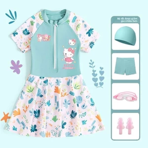 Bộ Đồ Bơi Trẻ Em Kitty Dễ Thương - Váy Bơi Chống Nắng, Nhanh Khô, Kèm Phụ Kiện