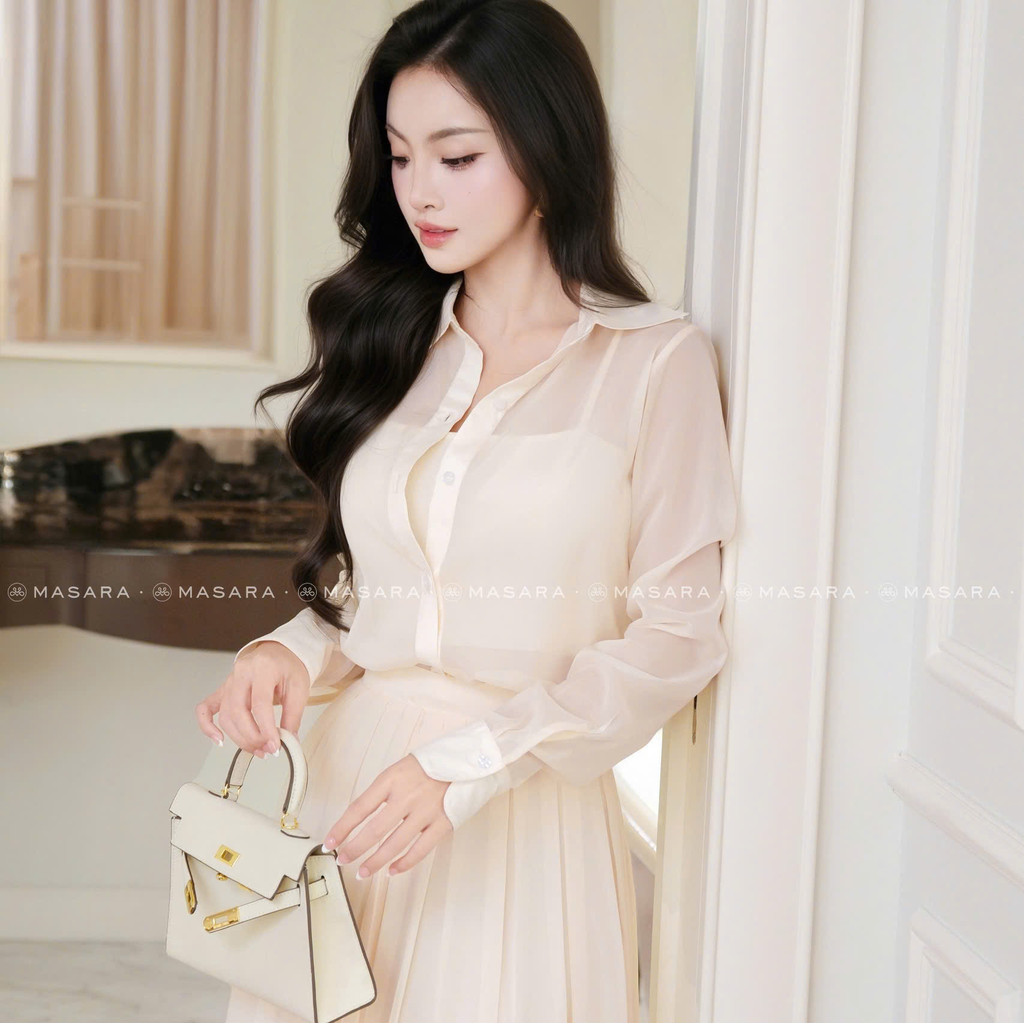 Set Masara gồm áo sơ mi và chân váy dài xòe tằm kem có kèm áo lót phong cách thanh lịch MS860