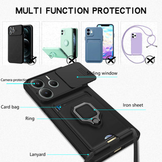 Dành Cho Redmi Note 14 4G Ốp Lưng 4 Trong 1 Trượt Camera Bao Đựng Thẻ Đứng Vuông Freebie Dây Chống Sốc Chống Rơi Mỏng Mềm TPU Cover