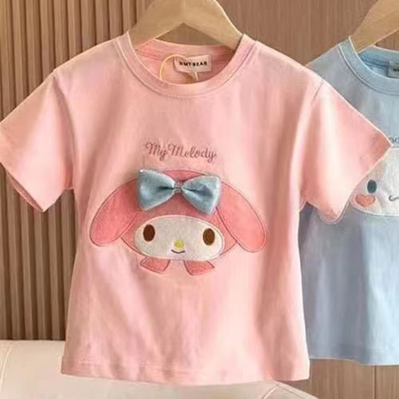 2024 Kawaii Áo Thun Kuromi Cinnamoroll Cô Gái My Melody Trẻ Em Tay Ngắn Anime Hoạt Hình Mùa Hè Trẻ Em Quần Áo Hàng Đầu