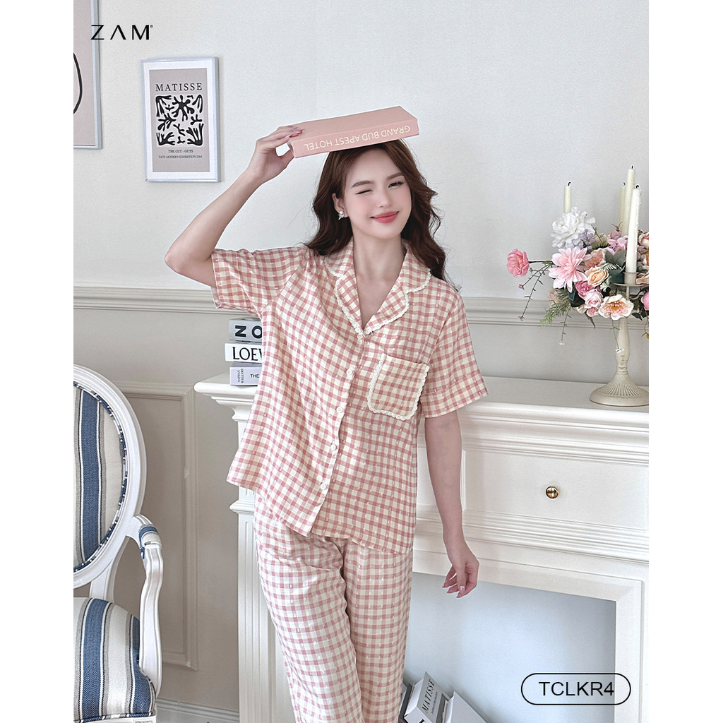 Ảnh BỘ MẶC NHÀ SHE BY ZAM - TCLKR - BỘ NGẮN TAY QUẦN DÀI KẺ VISCOSE PHỐI REN 1