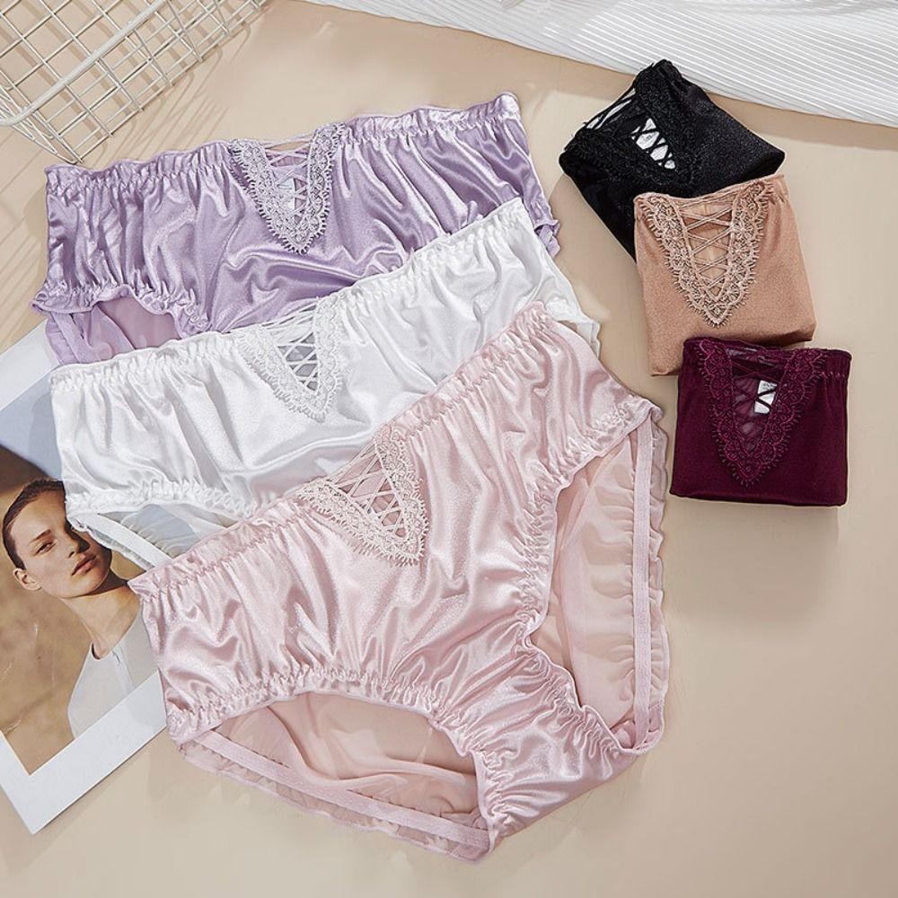 DARON Satin Quần Lót Lụa, Ice Silk Trong Suốt Ruffle Rỗng Quần Đùi, Quần Lót Ngọt Ngào Cotton Đáy Quần Lót Nữ Quần Lót Nữ Nữ