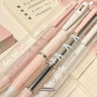Set bút bi gel đen nơ Rosy Posy Ribbon 4 cây ngòi 0.5mm 0.38mm