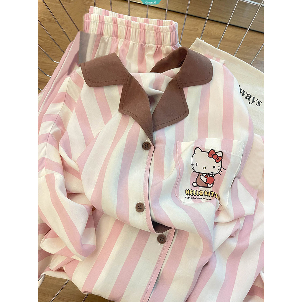 Phiên Bản Hàn Quốc Của Bộ Đồ Ngủ Hello Kitty Sọc Nữ Xuân Thu Mới Quần Dài Tay Nữ Mặc Ở Nhà Phù Hợp Với