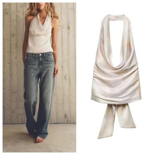 Zara Đầu Thu Phong Cách Mới Nơ quây Áo yếm Lụa Satin Họa Tiết Dây Cổ Áo Nữ 3067119