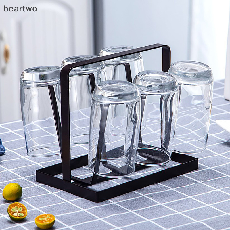 < Beartwo > Giá treo cốc bằng thép 6 móc sắp xếp để đựng kính uống có đầu cao su bảo vệ Móc đẹp