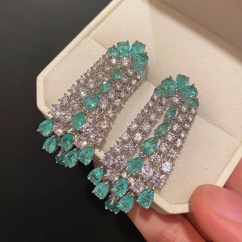 Nhiều Màu Sắc Zircon Tinh Tế Bông Tai Thời Trang Bạc s925 Kim Tua Dài Sang Trọng Bông Tai Thanh Lịch