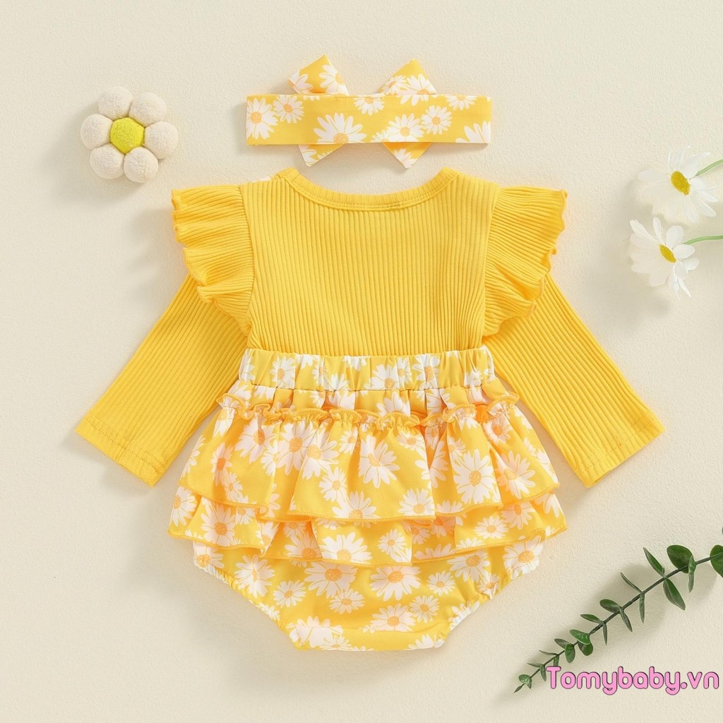 Bộ áo liền quần dài tay in họa tiết hoa cúc cho bé gái nơ xù + Bộ 2 món băng đô