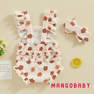 Mg-baby Girls Romper Body và Băng Đô Dâu / Hoa / Anh Đào In Bay Tay Frills Trẻ Sơ Sinh Áo liền quần Quần Áo Mùa Hè