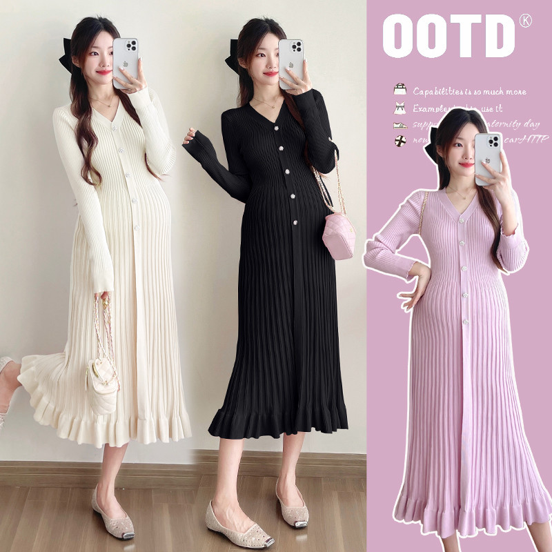 Trang phục bà bầu Thu Đông 2024 Thời trang Cổ chữ V xếp li Đan bà bầu Slimer Nhìn bà bầu