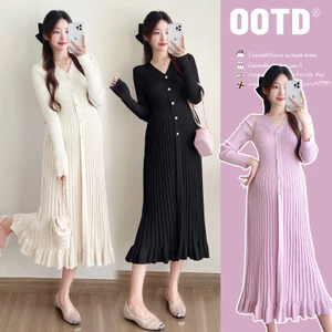 Trang phục bà bầu Thu Đông 2024 Thời trang Cổ chữ V xếp li Đan bà bầu Slimer Nhìn bà bầu